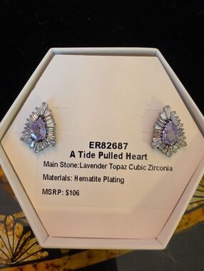Bomb Party "A Tide Pulled Heart" earrings lavender Topaz cubic zirconia